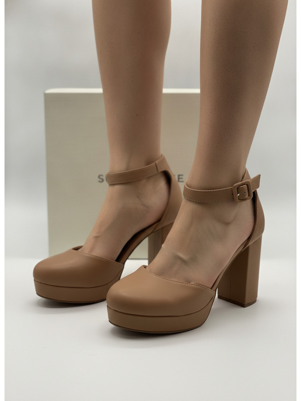 Sun Stone nude ankle strap platform heels size 9W